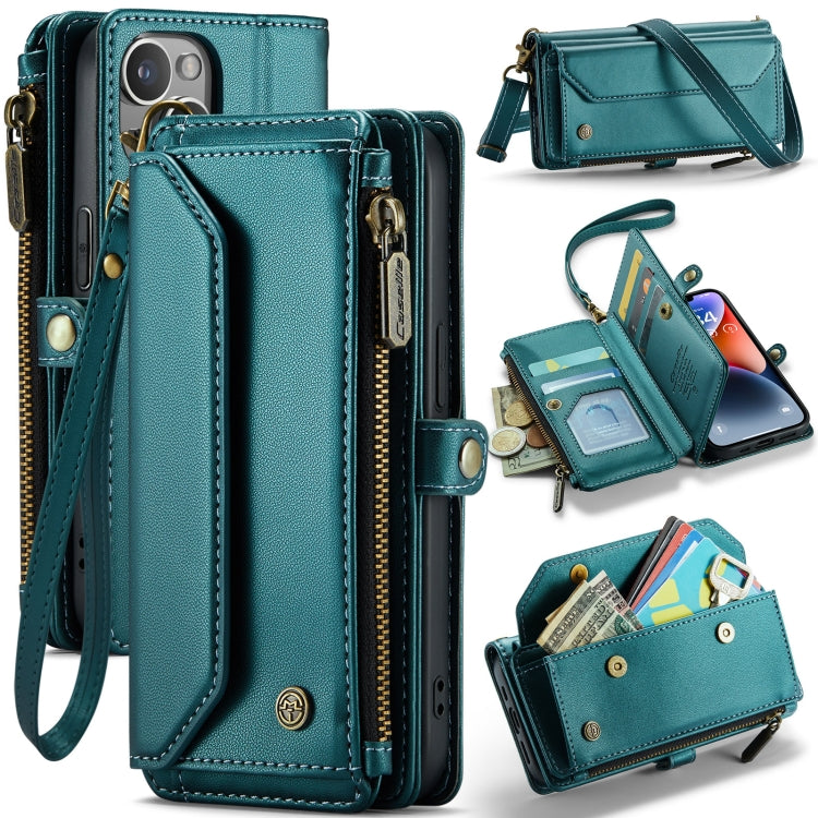 For iPhone 14 Plus CaseMe C36 Card Slots Zipper Wallet RFID Anti-theft Leather Phone Case(Blue-green) - free shipping - PMC Jewellery - Order now!