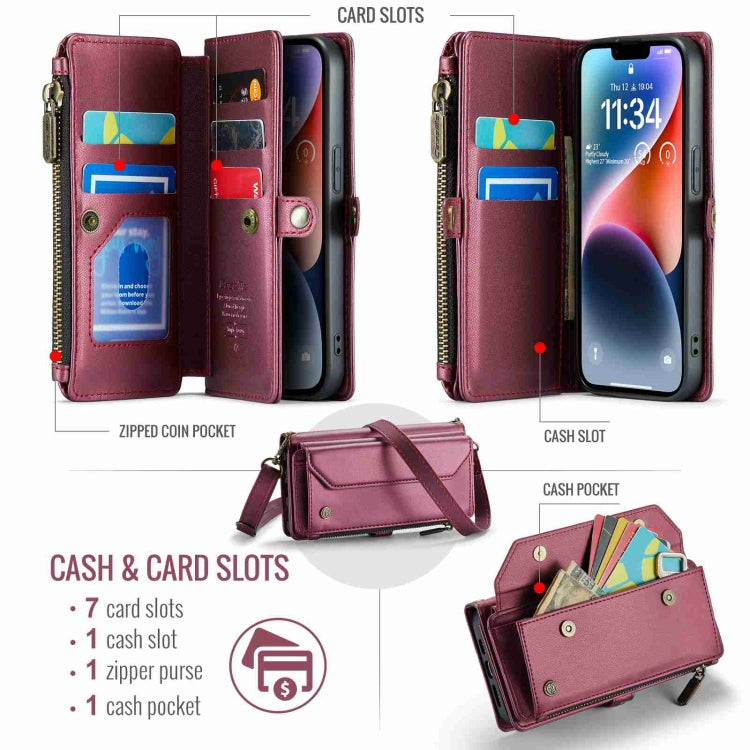 For iPhone 14 Plus CaseMe C36 Card Slots Zipper Wallet RFID Anti-theft Leather Phone Case(Wine Red) - free shipping - PMC Jewellery - Order now!