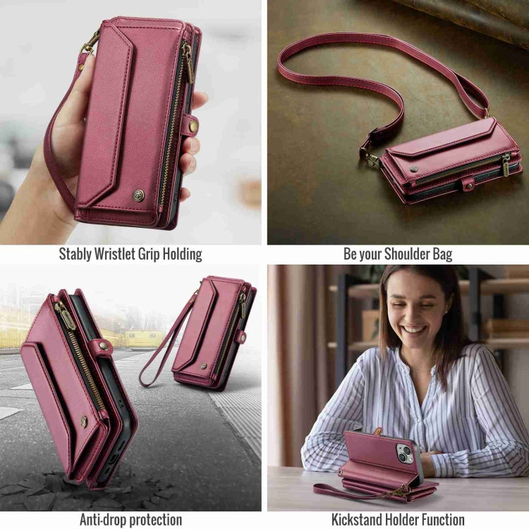 For iPhone 14 Plus CaseMe C36 Card Slots Zipper Wallet RFID Anti-theft Leather Phone Case(Wine Red) - free shipping - PMC Jewellery - Order now!