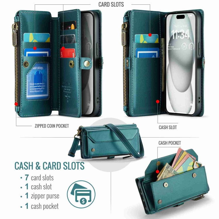For iPhone 15 CaseMe C36 Card Slots Zipper Wallet RFID Anti-theft Leather Phone Case(Blue-green) - free shipping - PMC Jewellery - Order now!