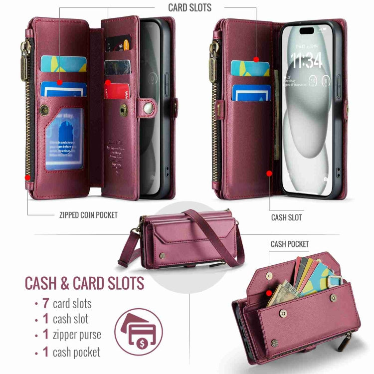 For iPhone 15 CaseMe C36 Card Slots Zipper Wallet RFID Anti-theft Leather Phone Case(Wine Red) - free shipping - PMC Jewellery - Order now!