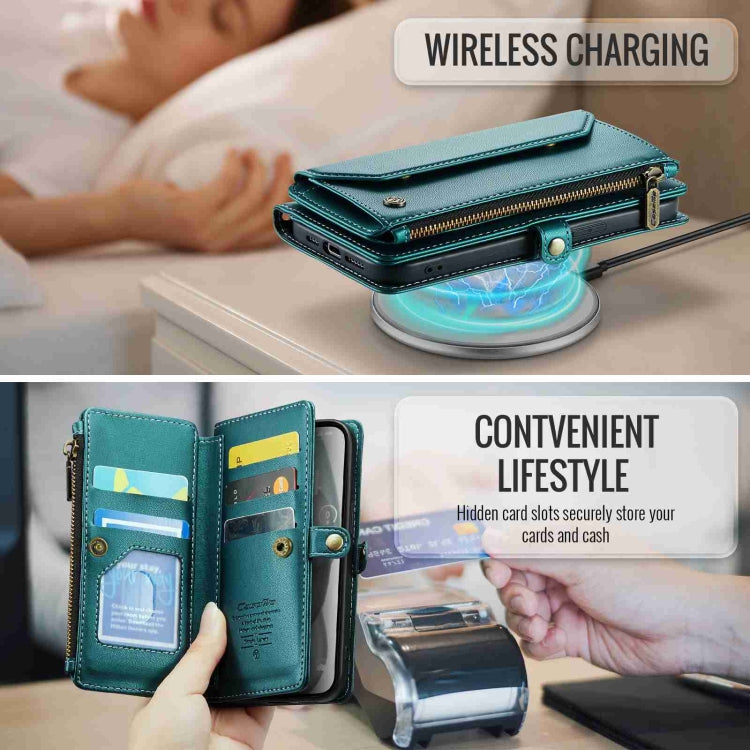 For iPhone 15 Plus CaseMe C36 Card Slots Zipper Wallet RFID Anti-theft Leather Phone Case(Blue-green) - free shipping - PMC Jewellery - Order now!