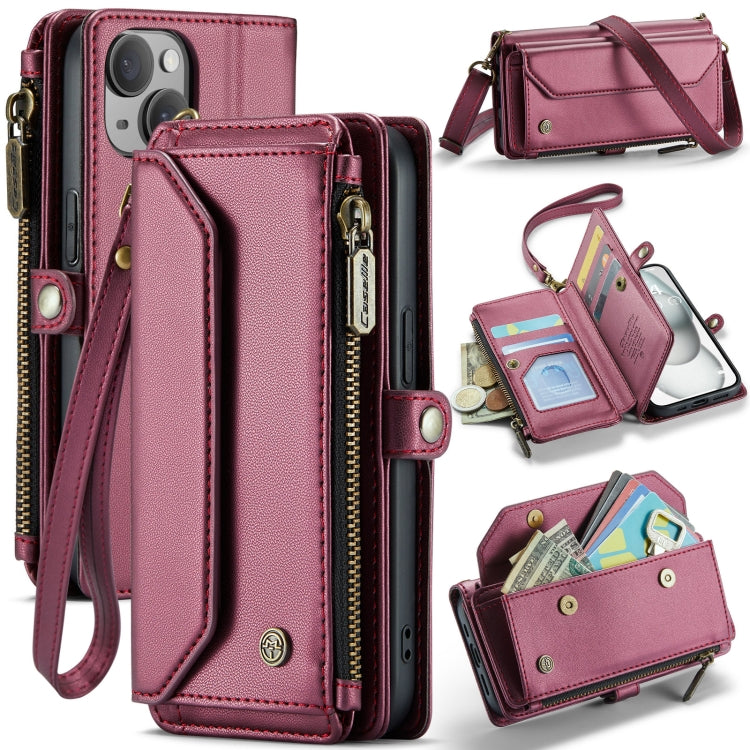 For iPhone 15 Plus CaseMe C36 Card Slots Zipper Wallet RFID Anti-theft Leather Phone Case(Wine Red) - free shipping - PMC Jewellery - Order now!
