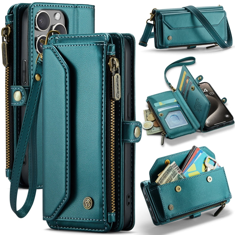 For iPhone 15 Pro Max CaseMe C36 Card Slots Zipper Wallet RFID Anti-theft Leather Phone Case(Blue-green) - free shipping - PMC Jewellery - Order now!
