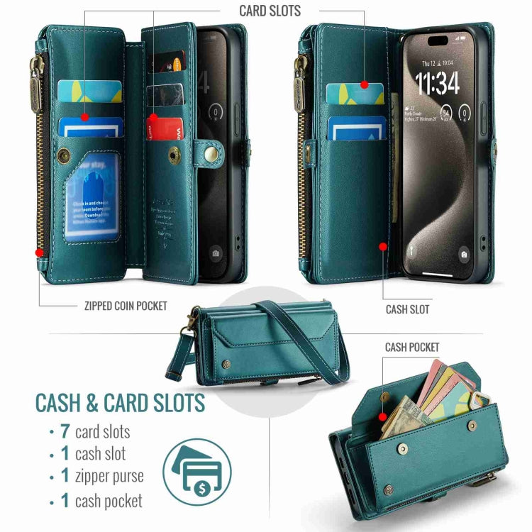 For iPhone 15 Pro Max CaseMe C36 Card Slots Zipper Wallet RFID Anti-theft Leather Phone Case(Blue-green) - free shipping - PMC Jewellery - Order now!