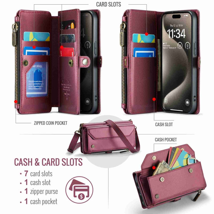 For iPhone 15 Pro Max CaseMe C36 Card Slots Zipper Wallet RFID Anti-theft Leather Phone Case(Wine Red) - free shipping - PMC Jewellery - Order now!