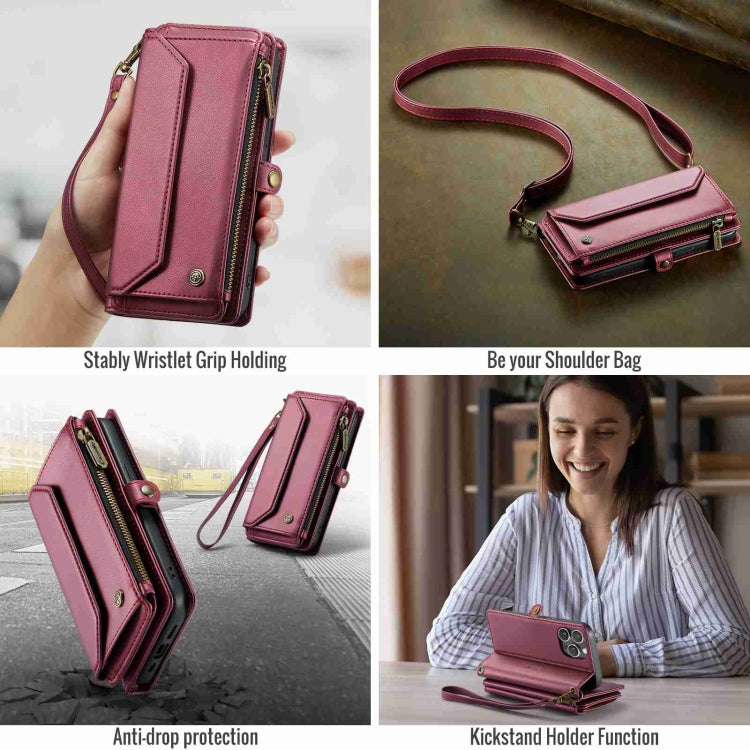 For iPhone 15 Pro Max CaseMe C36 Card Slots Zipper Wallet RFID Anti-theft Leather Phone Case(Wine Red) - free shipping - PMC Jewellery - Order now!