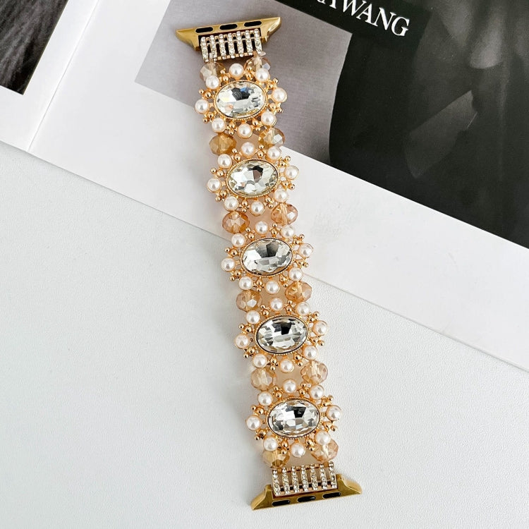 For Apple Watch SE 44mm Beaded Pearl Gemstone Bracelet Watch Band(Gold) - free shipping - PMC TechLife - Order now!