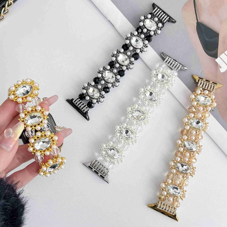 For Apple Watch SE 2022 44mm Beaded Pearl Gemstone Bracelet Watch Band(Light Gold) - free shipping - PMC TechLife - Order now!