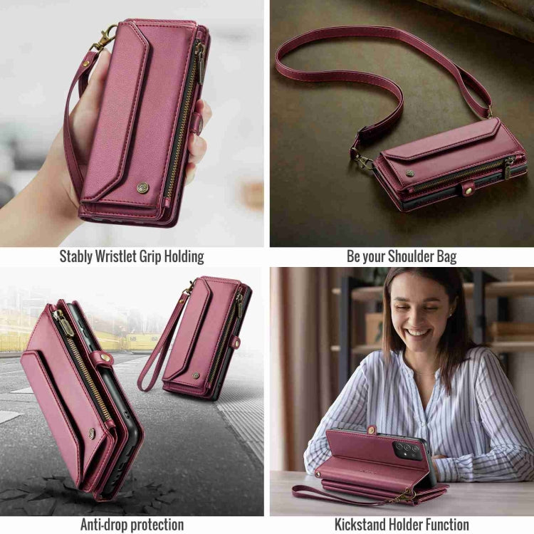 For Samsung Galaxy A72 CaseMe C36 Card Slots Zipper Wallet RFID Anti-theft Leather Phone Case(Wine Red) - free shipping - PMC Jewellery - Order now!