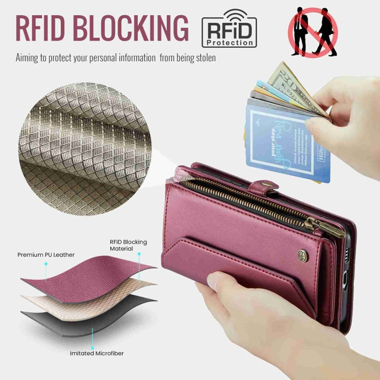 For Samsung Galaxy S21 FE 5G CaseMe C36 Card Slots Zipper Wallet RFID Anti-theft Leather Phone Case(Wine Red) - free shipping - PMC Jewellery - Order now!