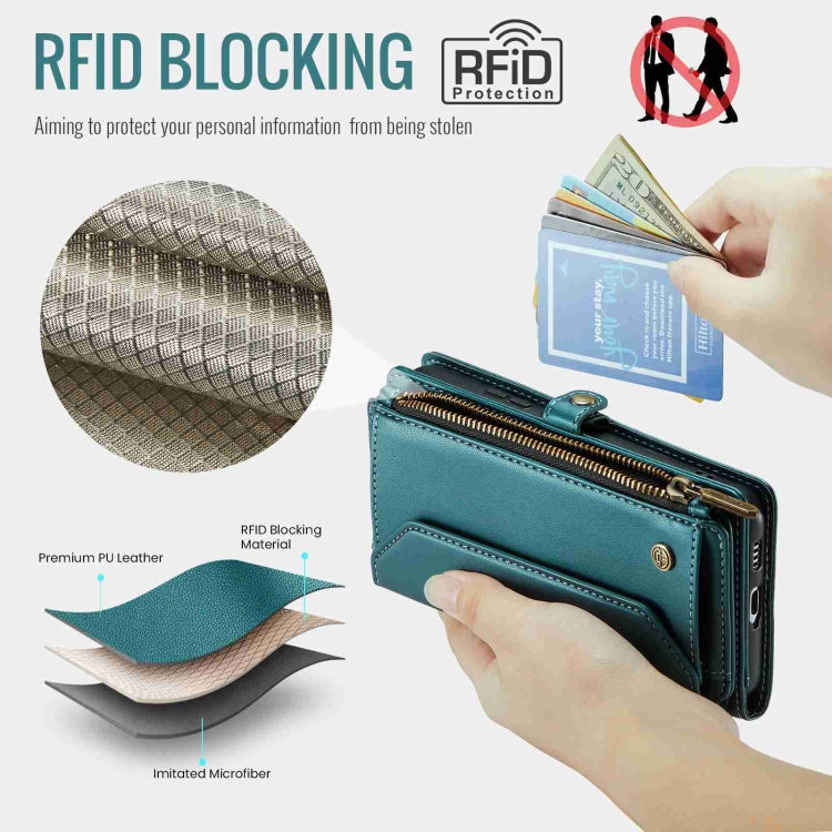 For Samsung Galaxy S21 Ultra 5G CaseMe C36 Card Slots Zipper Wallet RFID Anti-theft Leather Phone Case(Blue-green) - free shipping - PMC Jewellery - Order now!