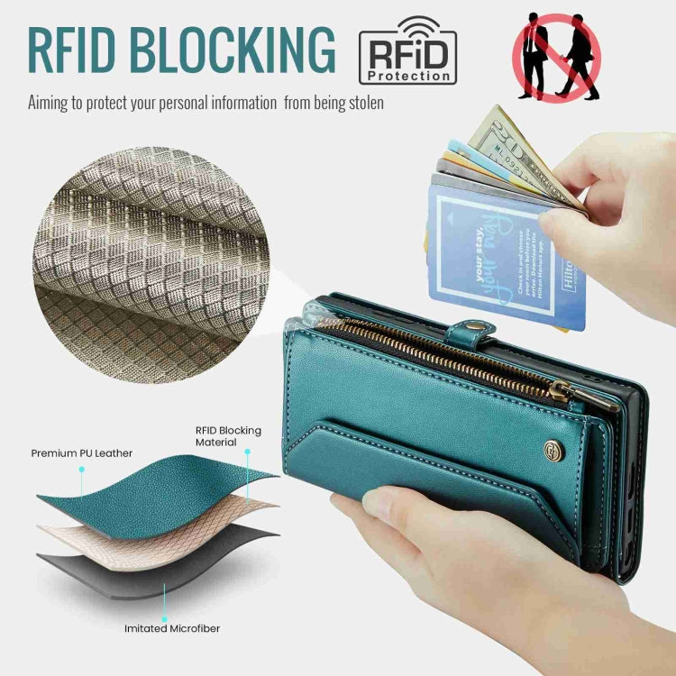 For Samsung Galaxy S22 Ultra 5G CaseMe C36 Card Slots Zipper Wallet RFID Anti-theft Leather Phone Case(Blue-green) - free shipping - PMC Jewellery - Order now!