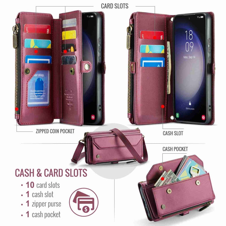 For Samsung Galaxy S23+ 5G CaseMe C36 Card Slots Zipper Wallet RFID Anti-theft Leather Phone Case(Wine Red) - free shipping - PMC Jewellery - Order now!