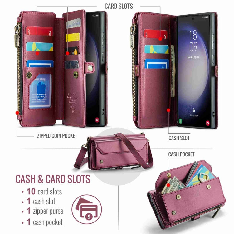 For Samsung Galaxy S23 Ultra 5G CaseMe C36 Card Slots Zipper Wallet RFID Anti-theft Leather Phone Case(Wine Red) - free shipping - PMC Jewellery - Order now!