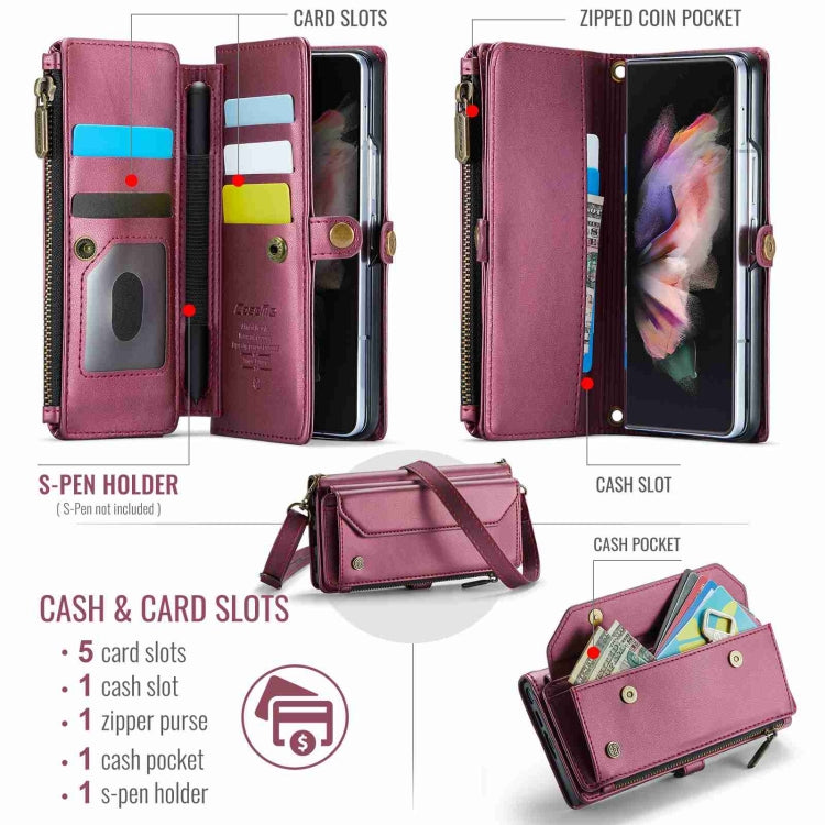 For Samsung Galaxy Z Fold3 CaseMe C36 Card Slots Zipper Wallet RFID Anti-theft Leather Phone Case(Wine Red) - Galaxy Phone Cases by CaseMe | Online Shopping South Africa | PMC Jewellery | Buy Now Pay Later Mobicred