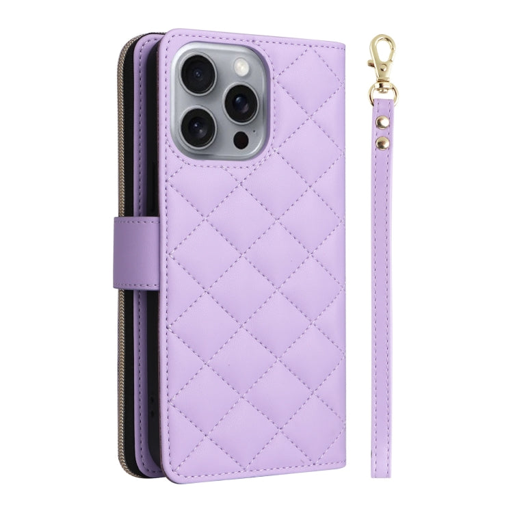 For iPhone 16 Pro Max Crossbody Rhombic Zipper Tower Buckle Leather Phone Case with Lanyard(Purple) - iPhone 16 Pro Max Cases by PMC TechLife | Online Shopping South Africa | PMC TechLife | Buy Now Pay Later Mobicred