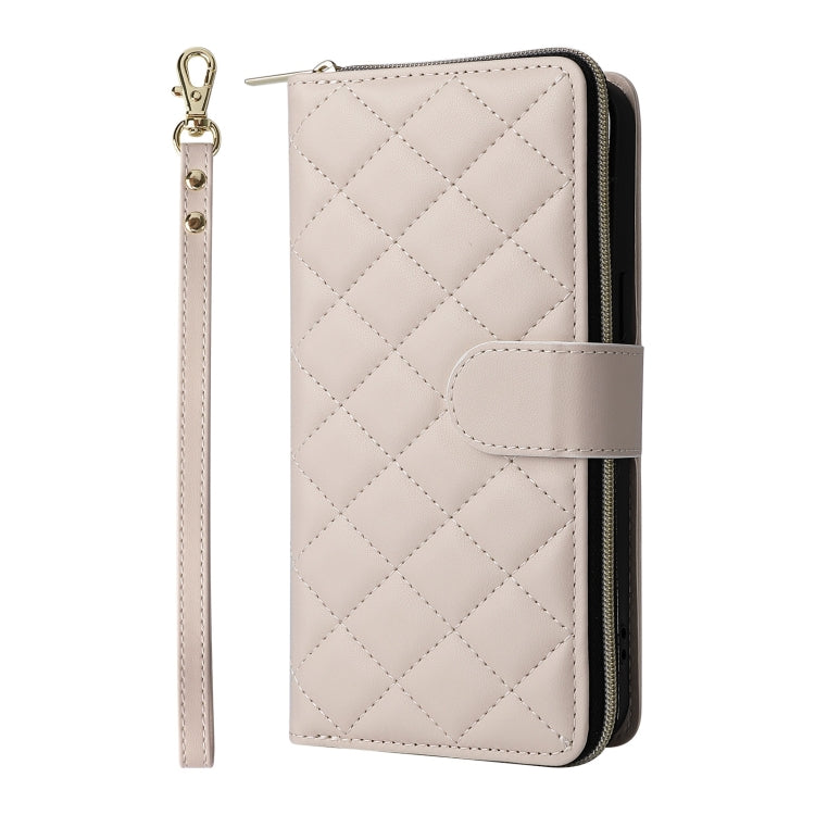 For iPhone 16 Pro Max Crossbody Rhombic Zipper Tower Buckle Leather Phone Case with Lanyard(Beige) - iPhone 16 Pro Max Cases by PMC TechLife | Online Shopping South Africa | PMC TechLife | Buy Now Pay Later Mobicred