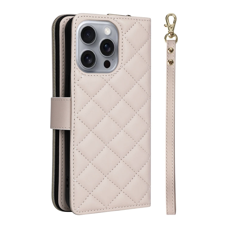 For iPhone 16 Pro Max Crossbody Rhombic Zipper Tower Buckle Leather Phone Case with Lanyard(Beige) - iPhone 16 Pro Max Cases by PMC TechLife | Online Shopping South Africa | PMC TechLife | Buy Now Pay Later Mobicred