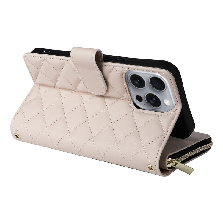 For iPhone 16 Pro Max Crossbody Rhombic Zipper Tower Buckle Leather Phone Case with Lanyard(Beige) - iPhone 16 Pro Max Cases by PMC TechLife | Online Shopping South Africa | PMC TechLife | Buy Now Pay Later Mobicred
