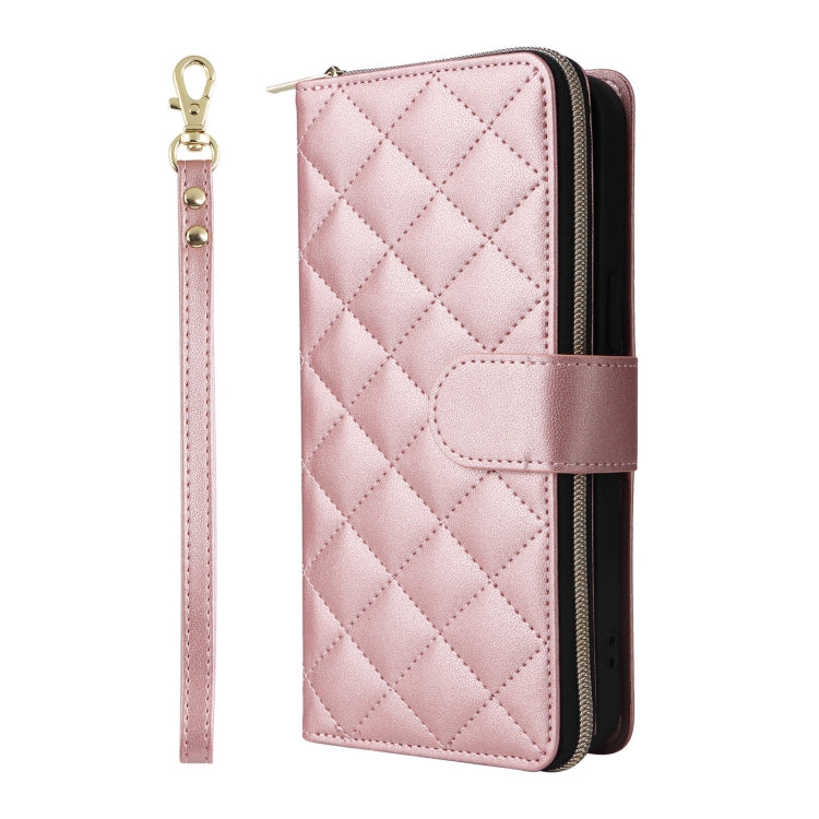 For iPhone 16 Pro Max Crossbody Rhombic Zipper Tower Buckle Leather Phone Case with Lanyard(Rose Gold) - iPhone 16 Pro Max Cases by PMC TechLife | Online Shopping South Africa | PMC TechLife | Buy Now Pay Later Mobicred