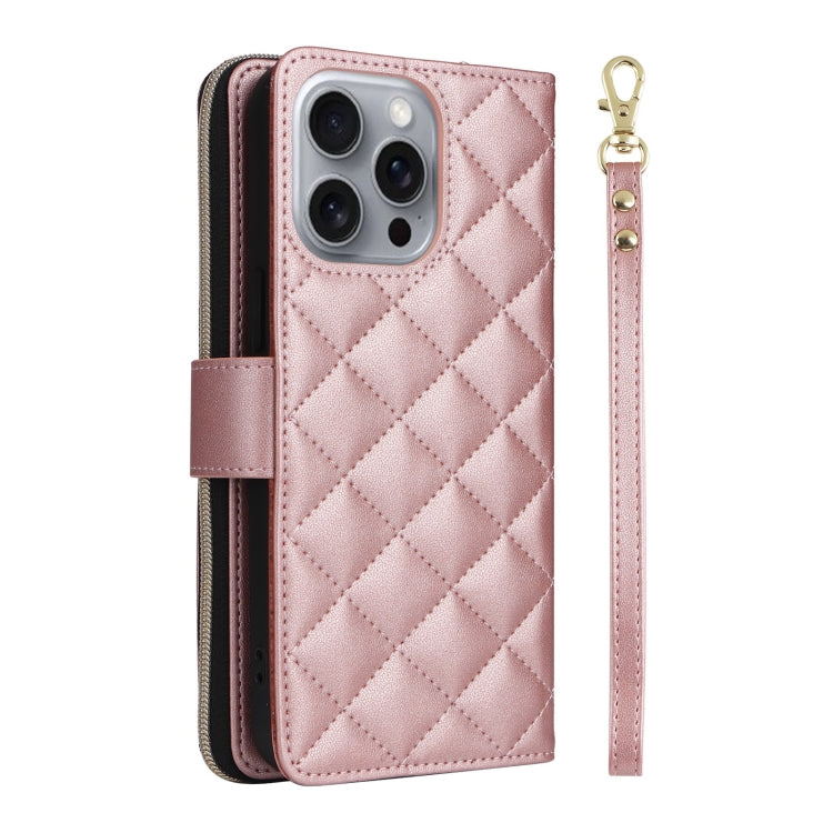 For iPhone 16 Pro Max Crossbody Rhombic Zipper Tower Buckle Leather Phone Case with Lanyard(Rose Gold) - iPhone 16 Pro Max Cases by PMC TechLife | Online Shopping South Africa | PMC TechLife | Buy Now Pay Later Mobicred