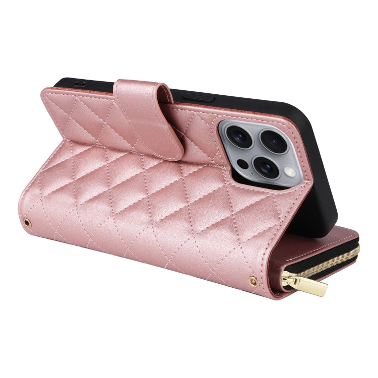 For iPhone 16 Pro Max Crossbody Rhombic Zipper Tower Buckle Leather Phone Case with Lanyard(Rose Gold) - iPhone 16 Pro Max Cases by PMC TechLife | Online Shopping South Africa | PMC TechLife | Buy Now Pay Later Mobicred