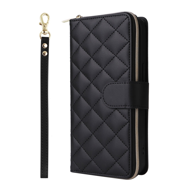 For iPhone 16 Pro Max Crossbody Rhombic Zipper Tower Buckle Leather Phone Case with Lanyard(Black) - iPhone 16 Pro Max Cases by PMC TechLife | Online Shopping South Africa | PMC TechLife | Buy Now Pay Later Mobicred