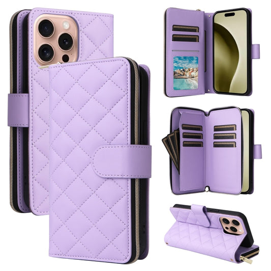 For iPhone 16 Pro Crossbody Rhombic Zipper Tower Buckle Leather Phone Case with Lanyard(Purple) - iPhone 16 Pro Cases by PMC Jewellery | Online Shopping South Africa | PMC Jewellery | Buy Now Pay Later Mobicred