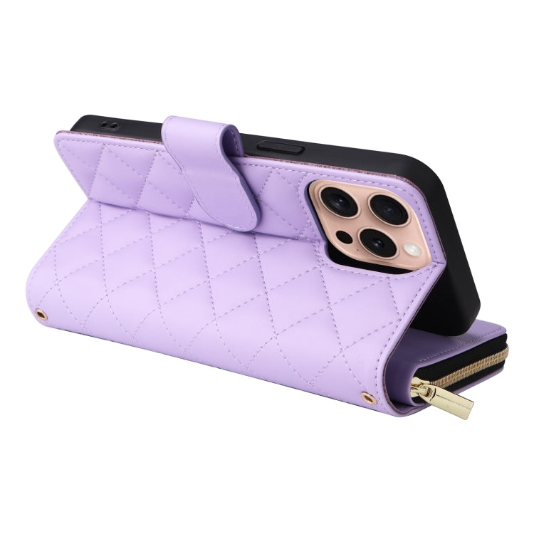 For iPhone 16 Pro Crossbody Rhombic Zipper Tower Buckle Leather Phone Case with Lanyard(Purple) - free shipping - PMC TechLife - Order now!