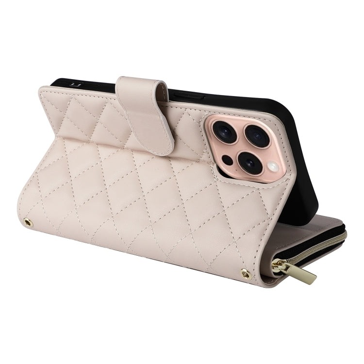 For iPhone 16 Pro Crossbody Rhombic Zipper Tower Buckle Leather Phone Case with Lanyard(Beige) - iPhone 16 Pro Cases by PMC Jewellery | Online Shopping South Africa | PMC Jewellery | Buy Now Pay Later Mobicred