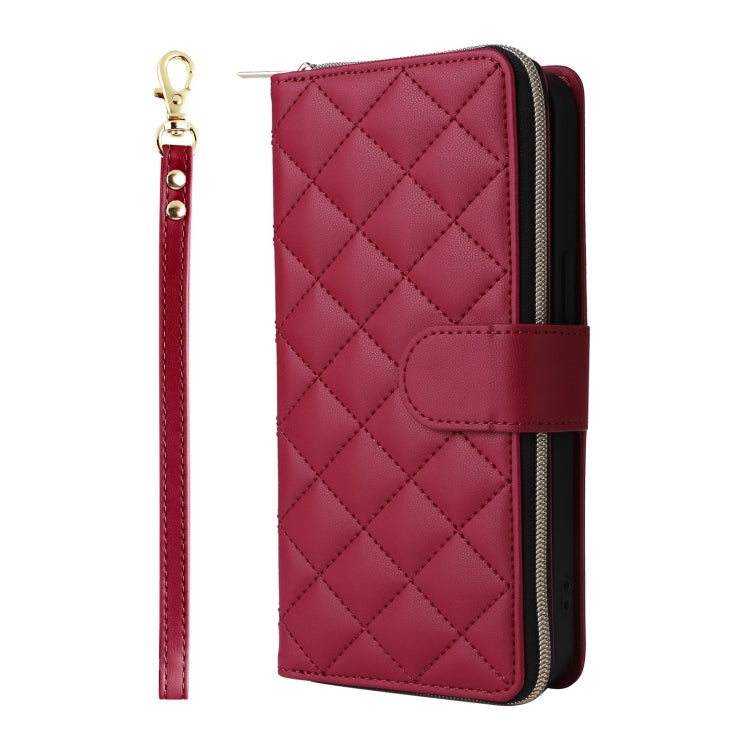 For iPhone 16 Pro Crossbody Rhombic Zipper Tower Buckle Leather Phone Case with Lanyard(Wine Red) - iPhone 16 Pro Cases by PMC TechLife | Online Shopping South Africa | PMC TechLife | Buy Now Pay Later Mobicred