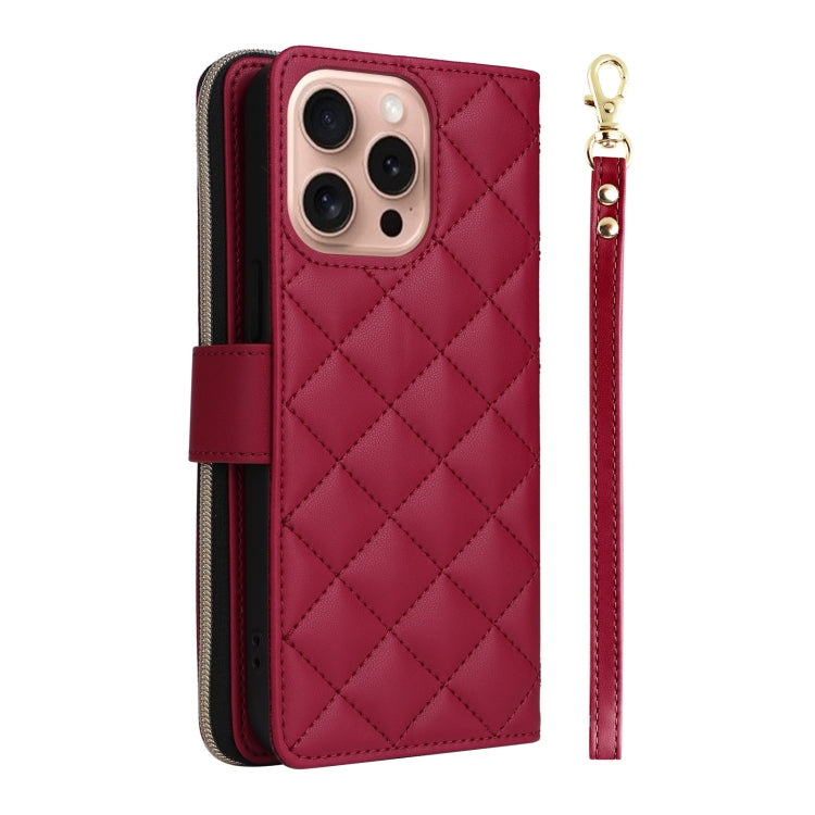 For iPhone 16 Pro Crossbody Rhombic Zipper Tower Buckle Leather Phone Case with Lanyard(Wine Red) - iPhone 16 Pro Cases by PMC TechLife | Online Shopping South Africa | PMC TechLife | Buy Now Pay Later Mobicred