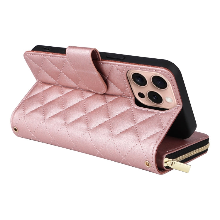 For iPhone 16 Pro Crossbody Rhombic Zipper Tower Buckle Leather Phone Case with Lanyard(Rose Gold) - iPhone 16 Pro Cases by PMC TechLife | Online Shopping South Africa | PMC TechLife | Buy Now Pay Later Mobicred