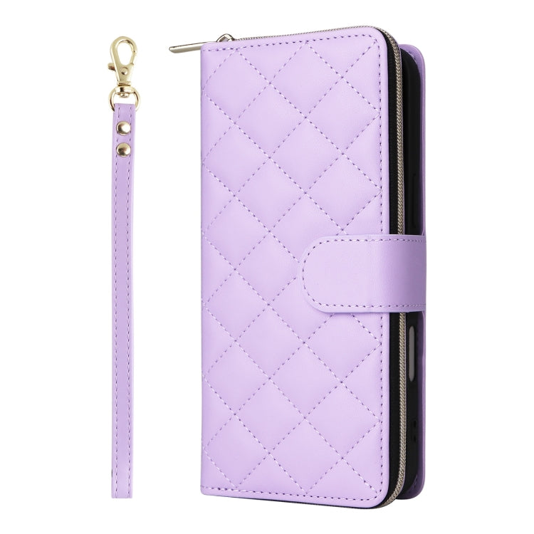 For iPhone 16 Plus Crossbody Rhombic Zipper Tower Buckle Leather Phone Case with Lanyard(Purple) - iPhone 16 Plus Cases by PMC TechLife | Online Shopping South Africa | PMC TechLife | Buy Now Pay Later Mobicred