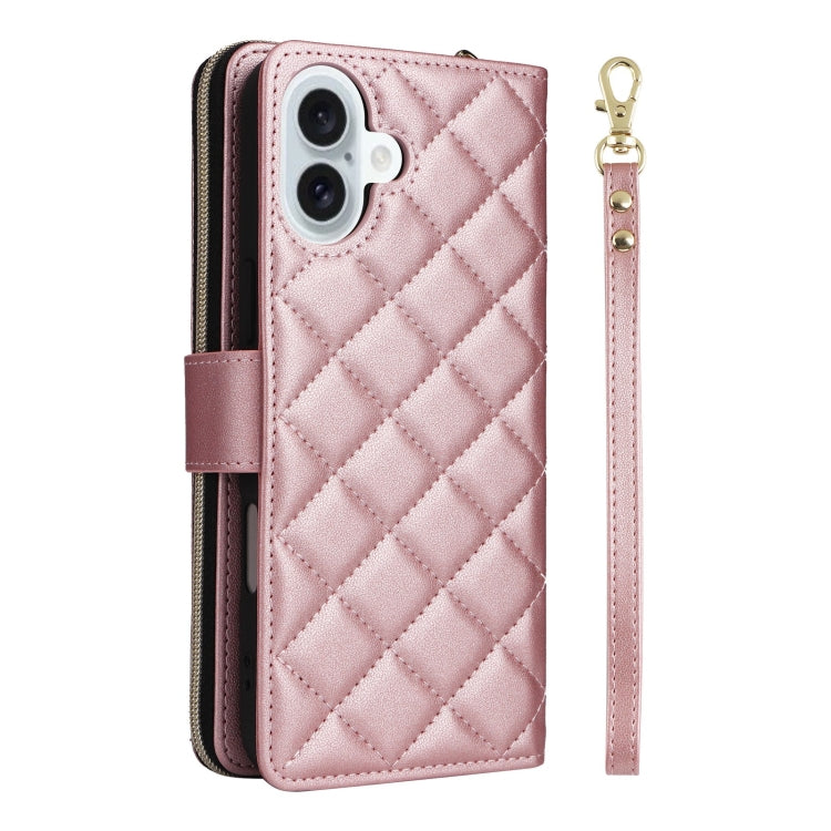 For iPhone 16 Plus Crossbody Rhombic Zipper Tower Buckle Leather Phone Case with Lanyard(Rose Gold) - free shipping - PMC TechLife - Order now!