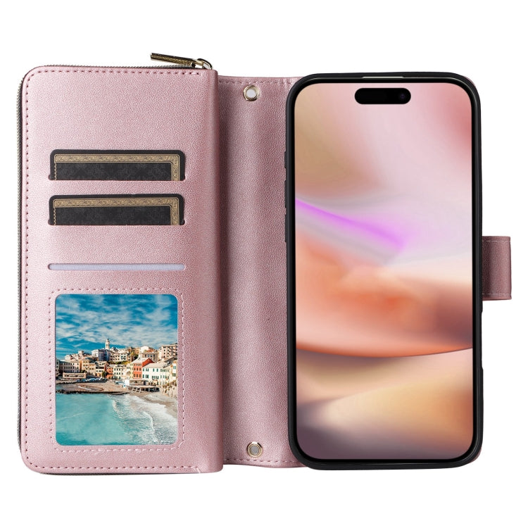 For iPhone 16 Plus Crossbody Rhombic Zipper Tower Buckle Leather Phone Case with Lanyard(Rose Gold) - free shipping - PMC TechLife - Order now!