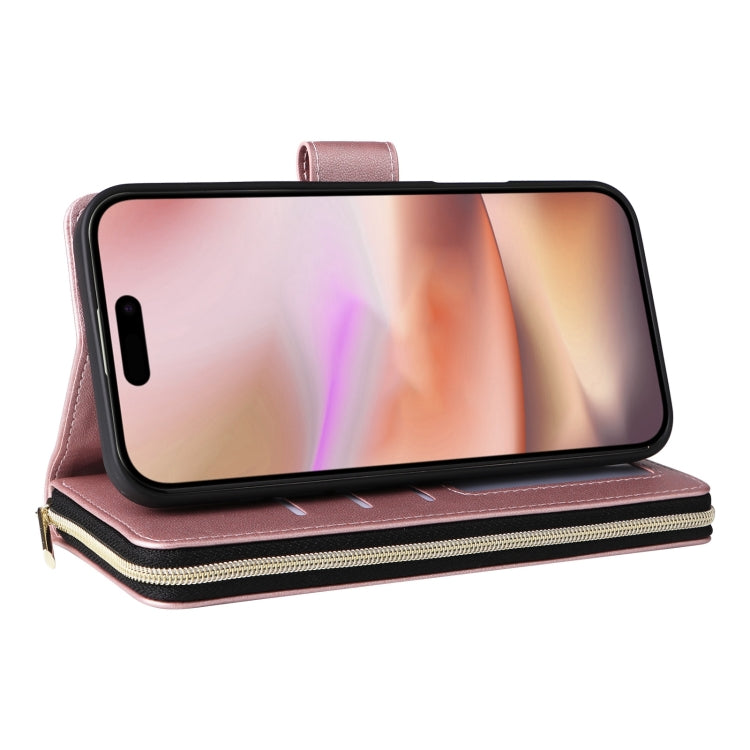 For iPhone 16 Plus Crossbody Rhombic Zipper Tower Buckle Leather Phone Case with Lanyard(Rose Gold) - free shipping - PMC TechLife - Order now!