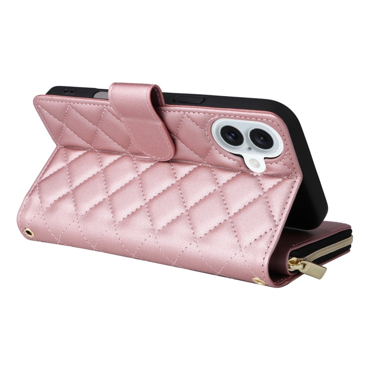 For iPhone 16 Plus Crossbody Rhombic Zipper Tower Buckle Leather Phone Case with Lanyard(Rose Gold) - free shipping - PMC TechLife - Order now!