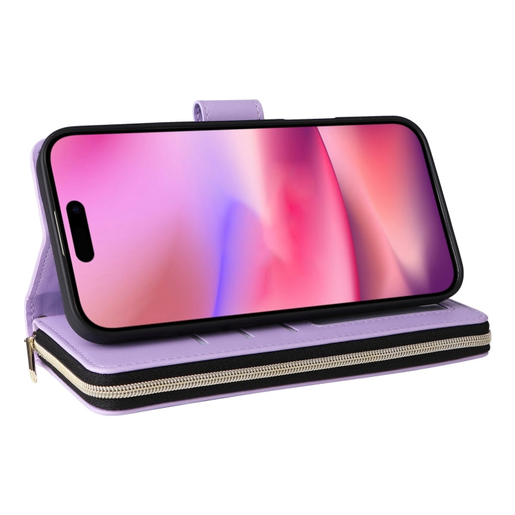 For iPhone 16 Crossbody Rhombic Zipper Tower Buckle Leather Phone Case with Lanyard(Purple) - iPhone 16 Cases by PMC TechLife | Online Shopping South Africa | PMC TechLife | Buy Now Pay Later Mobicred