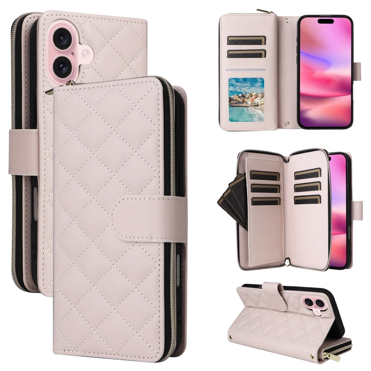 For iPhone 16 Crossbody Rhombic Zipper Tower Buckle Leather Phone Case with Lanyard(Beige) - iPhone 16 Cases by PMC TechLife | Online Shopping South Africa | PMC TechLife | Buy Now Pay Later Mobicred