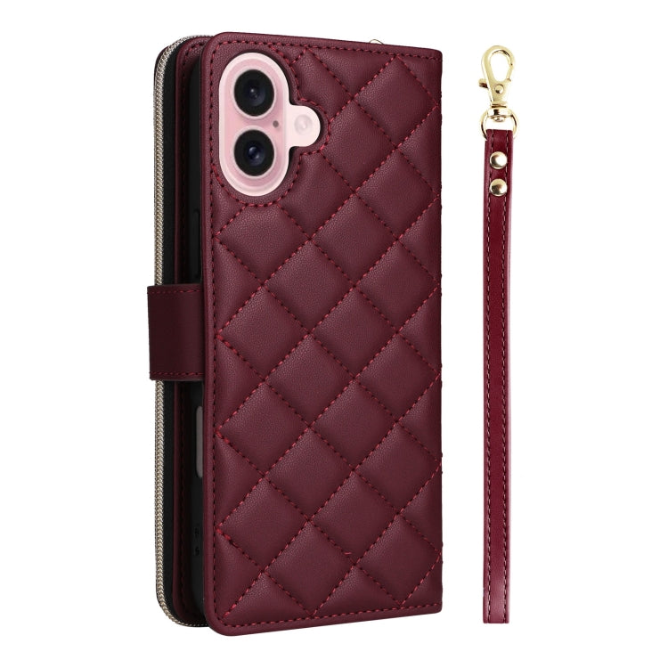 For iPhone 16 Crossbody Rhombic Zipper Tower Buckle Leather Phone Case with Lanyard(Wine Red) - iPhone 16 Cases by PMC Jewellery | Online Shopping South Africa | PMC Jewellery | Buy Now Pay Later Mobicred