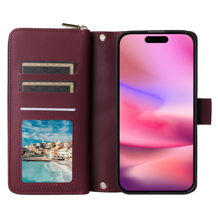 For iPhone 16 Crossbody Rhombic Zipper Tower Buckle Leather Phone Case with Lanyard(Wine Red) - iPhone 16 Cases by PMC Jewellery | Online Shopping South Africa | PMC Jewellery | Buy Now Pay Later Mobicred