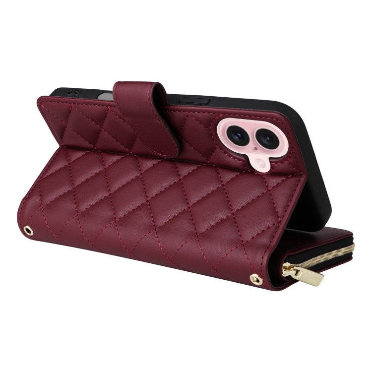 For iPhone 16 Crossbody Rhombic Zipper Tower Buckle Leather Phone Case with Lanyard(Wine Red) - iPhone 16 Cases by PMC TechLife | Online Shopping South Africa | PMC TechLife | Buy Now Pay Later Mobicred