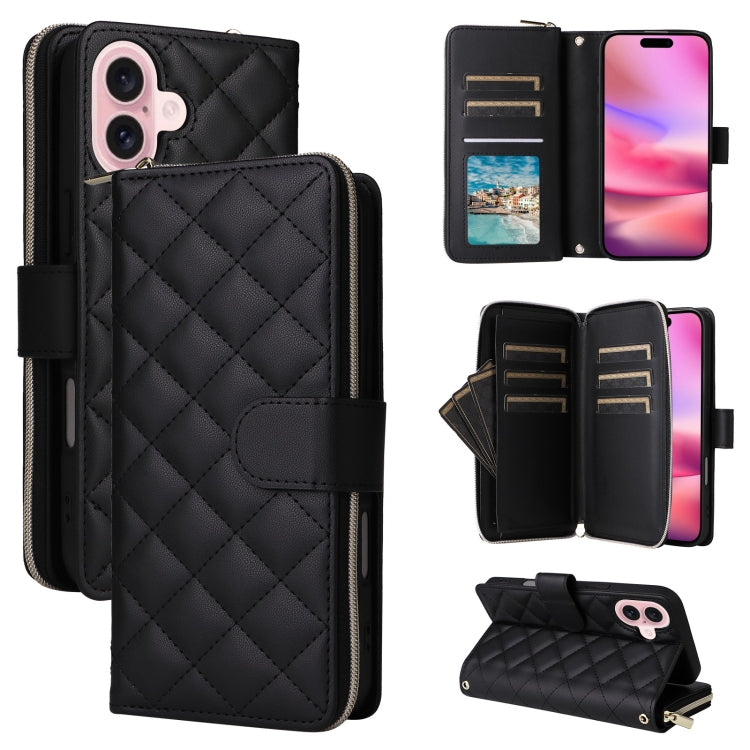 For iPhone 16 Crossbody Rhombic Zipper Tower Buckle Leather Phone Case with Lanyard(Black) - iPhone 16 Cases by PMC Jewellery | Online Shopping South Africa | PMC Jewellery | Buy Now Pay Later Mobicred