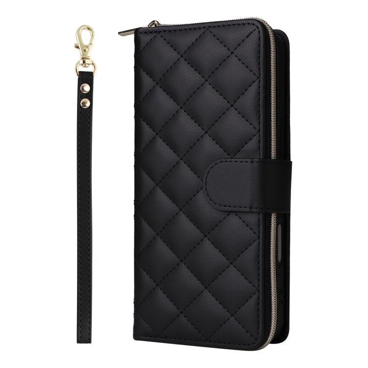 For iPhone 16 Crossbody Rhombic Zipper Tower Buckle Leather Phone Case with Lanyard(Black) - iPhone 16 Cases by PMC TechLife | Online Shopping South Africa | PMC TechLife | Buy Now Pay Later Mobicred