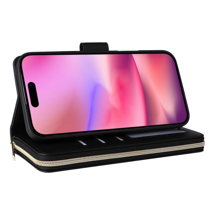 For iPhone 16 Crossbody Rhombic Zipper Tower Buckle Leather Phone Case with Lanyard(Black) - iPhone 16 Cases by PMC TechLife | Online Shopping South Africa | PMC TechLife | Buy Now Pay Later Mobicred
