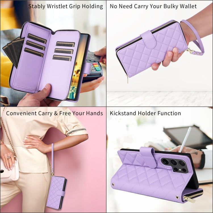 For Samsung Galaxy S24 5G Crossbody Rhombic Zipper Tower Buckle Leather Phone Case with Lanyard(Purple) - Galaxy S24 5G Cases by PMC Jewellery | Online Shopping South Africa | PMC Jewellery | Buy Now Pay Later Mobicred