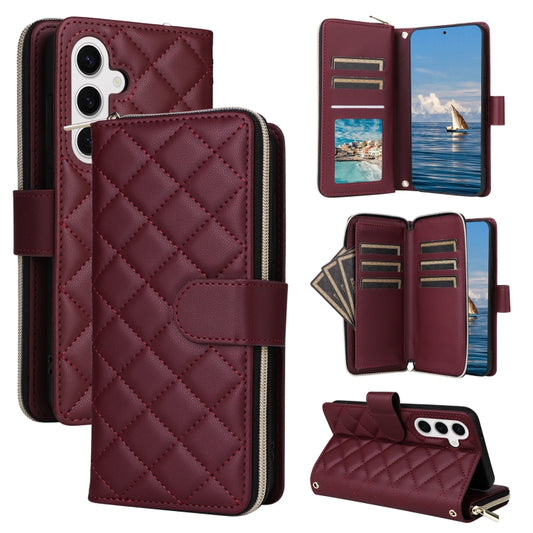 For Samsung Galaxy S24 5G Crossbody Rhombic Zipper Tower Buckle Leather Phone Case with Lanyard(Wine Red) - Galaxy S24 5G Cases by PMC Jewellery | Online Shopping South Africa | PMC Jewellery | Buy Now Pay Later Mobicred