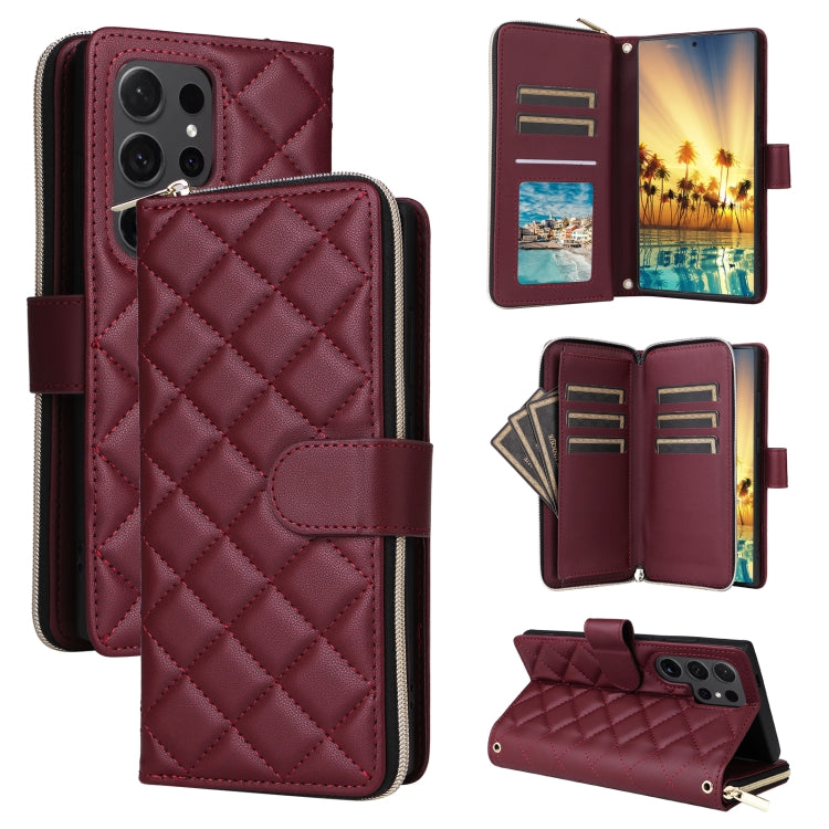 For Samsung Galaxy S24 Ultra 5G Crossbody Rhombic Zipper Tower Buckle Leather Phone Case with Lanyard(Wine Red) - Galaxy S24 Ultra 5G Cases by PMC Jewellery | Online Shopping South Africa | PMC Jewellery | Buy Now Pay Later Mobicred